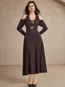 DAZY Vestido feminino elegante com ombros de fora e mangas franzidas, comprimento médio, outono - Castanho - Ver 5
