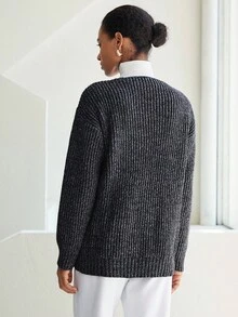 SHEIN LUNE Deep V-Neck Floral Chiffon Loose Mid-Length Pullover Sweater, Autumn/Winter - Dark Grey - View 2