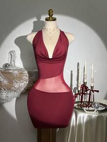 Elamini Vestido corto de mujer con cuello halter, parches de malla y rhinestones, con atar en la espalda - Burdeos - Ver 1