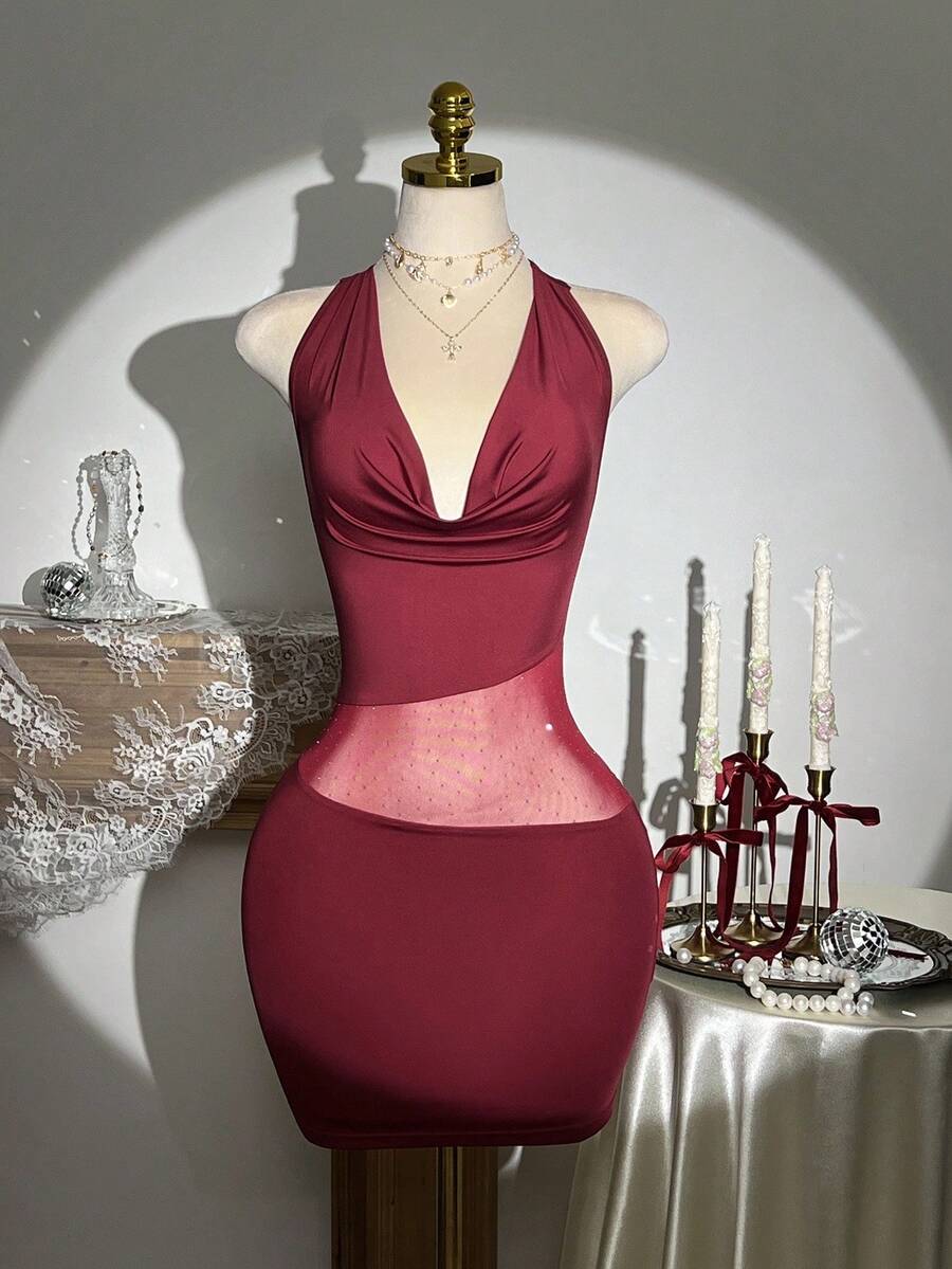 Elamini Vestido corto de mujer con cuello halter, parches de malla y rhinestones, con atar en la espalda - Burdeos - Ver 1