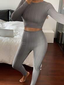 DAZY 2 piezas Conjunto de capa base ajustada de unicolor y textura para mujer, ropa de estar en casa para otoño/invierno, pijama de ropa de otoño - Gris - Ver 6