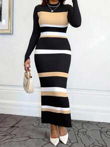 Xyvia Women's Color Block Minimalist Daily Wear Sweater Dress Fall Winter Cloth For Women - Black and White - View 4