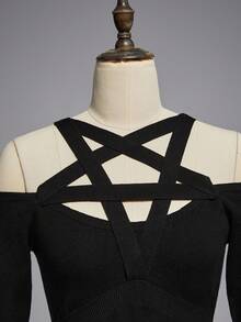 ROMWE Goth 哥特式不对称下摆露肩女式毛衣 - 黑色 - 查看 3