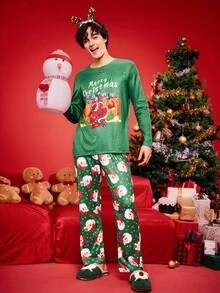 SHEIN Zestaw piżamowy dla mężczyzn w dużych rozmiarach z elementami świątecznymi - Zielony - Zobacz 4