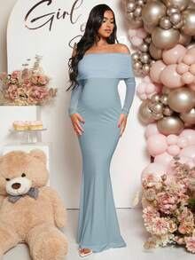 Loomaby Pregnant Women Off-Shoulder Fishtail Baby Shower Long Sleeve Dress For Maternity