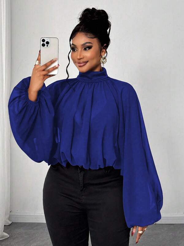 Maweii Plus Size Women Elegant Solid Color Stand Collar Lantern Sleeve Fold Pleated Loose Blouse, Autumn