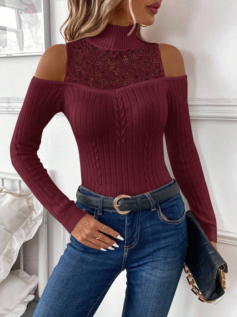 SHEIN Clasi Damen Winter Sexy Ärmel Design mit elegantem Spitzen Patchwork Pullover Pullover für Partys, Arbeit und Ausgehen, Cut-Out - Bordeaux - Übersicht 1