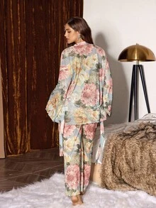 Slumberist Fashionable Floral Print Lace-Up Camisole & Robe Sleepwear Set, Plus Size Sleepwear Two Piece Lounge Set Floral Women Lounge Sets PJS PJSs For Women - Multicolor - View 3