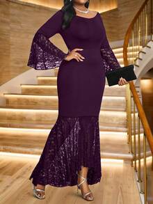 Fleurora 2025 New Plus Size Women Purple Solid Color Scoop Neck Flare Sleeve Lace Patchwork Fitted Fashion Dress Stylish Clothing Collection Elegant Dresses For Party