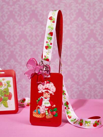 Strawberry Shortcake X SHEIN 1pc Cartoon Character Printed Card Holder With Lanyard, Bow Decor, Holds 2 Cards, Strawberry