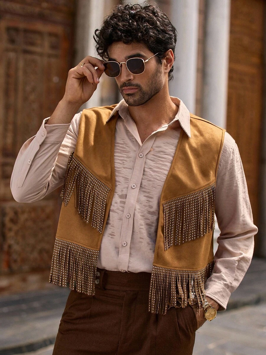 HIMLAND Men's Casual Suedette Rivet Fringe Vest, For Fall, Winter, Spring, Outdoor - Khaki - View 1