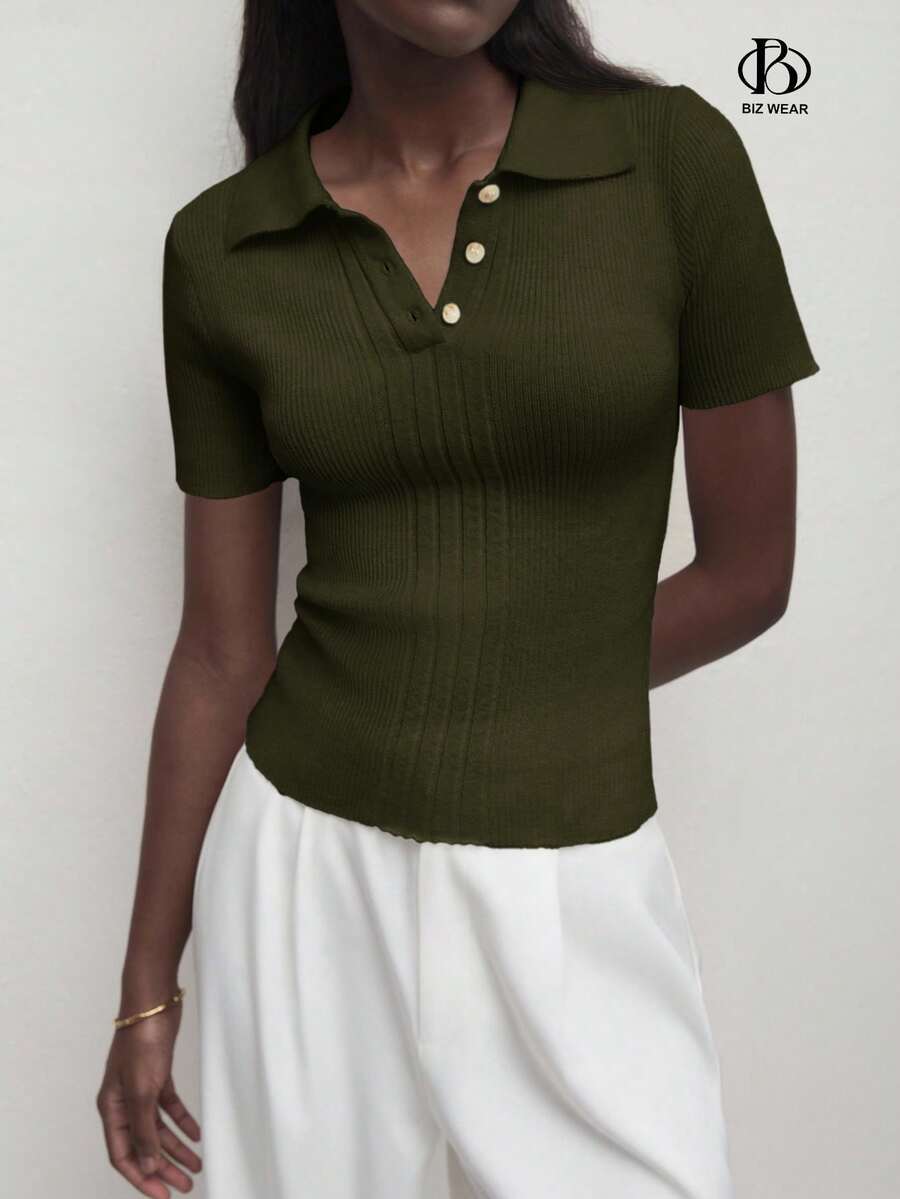 BizChic 2025秋冬新款橄榄绿Polo领半拉链单排扣撞色纽扣女士针织衫，现代优雅时尚通勤商务休闲专业办公场合，复古别致百搭浪漫，适合正式场合、派对、婚礼宾客、主人、乡村音乐节、早餐/午餐、机场、国庆节、新年、圣诞节、万圣节等休闲场合。
