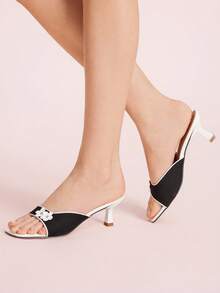 CUCCOO DOLLMOD Giày cao gót nữ, Giày cao gót quai mảnh họa tiết hoa, Chất liệu satin phối màu đen trắng, Giày sandal xỏ ngón thanh lịch - Đen và trắng - Xem 5