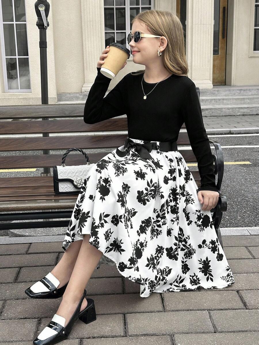 SHEIN 2 件套青少年女孩休闲针织纯色拼布碎花圆领长袖上衣和裙子套装 - 黑色 - 查看 1