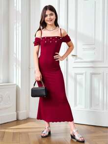 SHEIN 青少年女孩优雅串珠露肩细肩带合身褶饰美人鱼长款派对连衣裙，儿童正式连衣裙，红色圣诞/万圣节连衣裙 - 酒紅色 - 查看 6