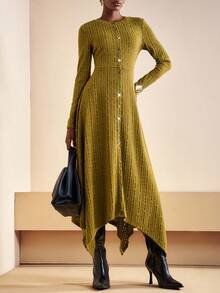 Zivah 20  Autumn New Arrival Halloween Birthday Party Banquet College Style Student Daily Casual Versatile Cruise Travel Viral Hit Elegant Commute Business Casual Round Neck Long Sleeve Front Metal Button Decor Slit A-Line Silhouette Olive Green Vertical Sheer Lace Fabric Lined Long Dress For Women - Army Green - View 4