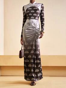 Zivah Vestido maxi 2025 de nueva llegada para otoño con manga larga, frente retorcido, cremallera en la espalda y cintura plisada, con estampado gráfico negro y plateado, adecuado para fiesta de cumpleaños, banquete, vuelta al colegio, uso casual diario, crucero, elegante y casual de negocios - Multicolor - Ver 5