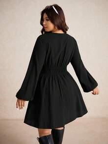 Elaquor Plus Size Solid Color Deep V-Neck Long Sleeve Tie Waist Dress Clothes For Women Spring - Black - View 2