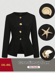 SHEIN CURVE+ Áo khoác tay dài thanh lịch khóa kim loại bất đối xứng cỡ lớn - màu đen - Xem 1