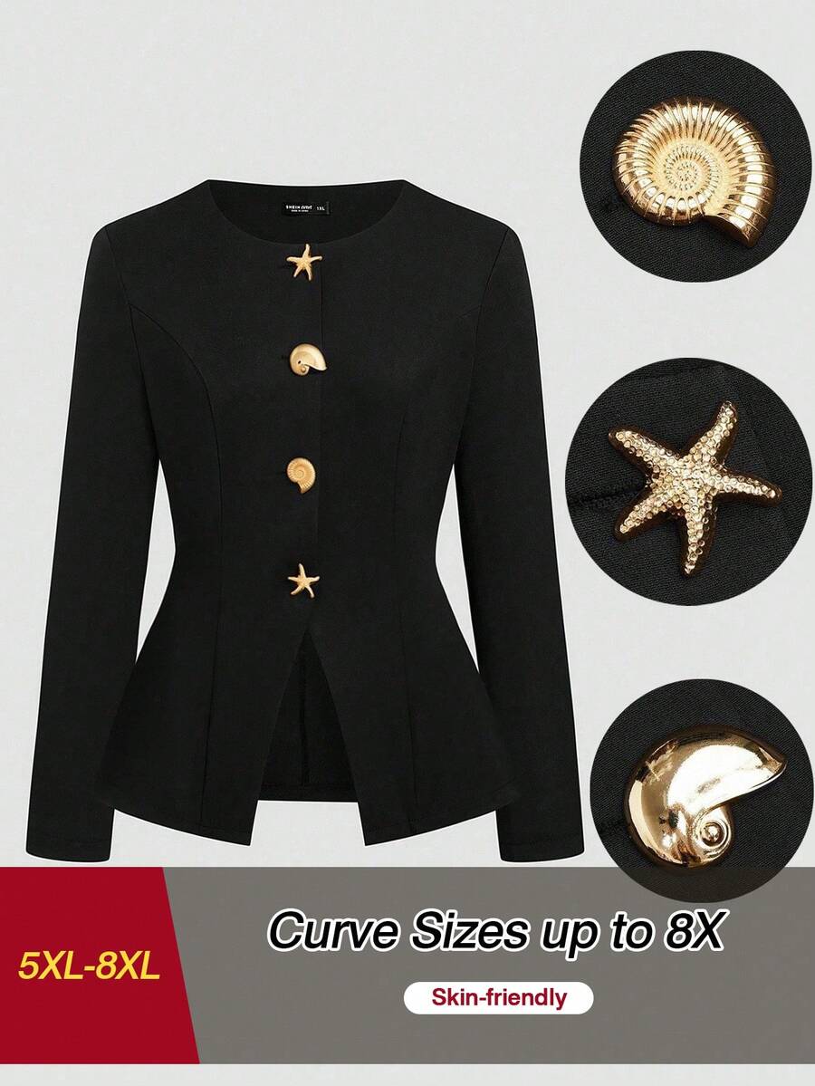SHEIN CURVE+ Áo khoác tay dài thanh lịch khóa kim loại bất đối xứng cỡ lớn - màu đen - Xem 1