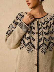 Travachic Christmas Vintage Style Wheat Jacquard Knit Cardigan For Women, Loose Fit, Versatile, Autumn/Winter New Arrival