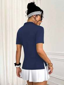 Easithlete Summer Casual Solid Color Short Sleeve Side Slit Sports Polo Shirt - Navy Blue - View 2