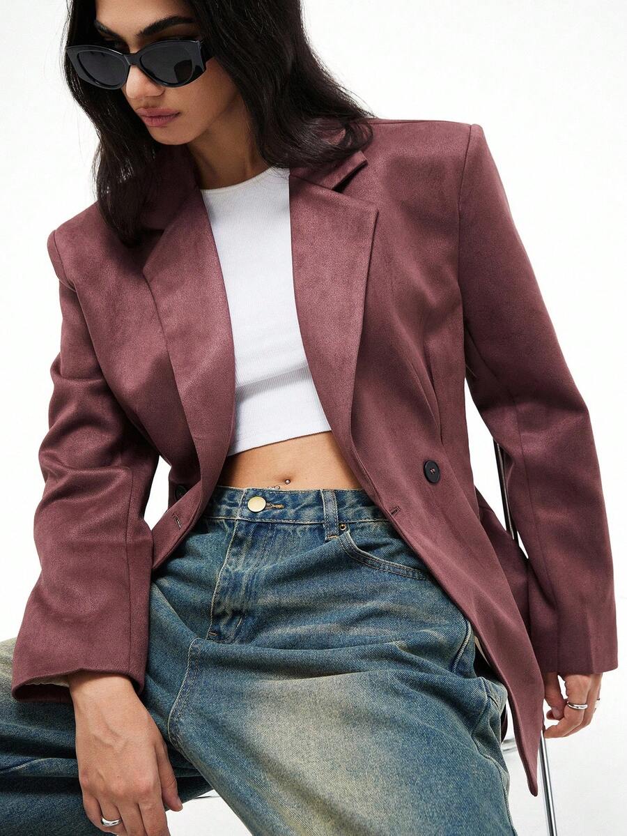 Aveloria Affinna Women's Deer Suede Exaggerated Shoulder Pad Cinched Waist Pleated Long Sleeve Blazer Jacket