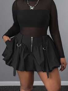 Maweii Black Casual Zipper Ruffle Hem Mini Skirt, Versatile Design For Streetwear, Commuting, Plus Size - Black - View 2