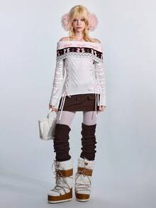 ROMWE Avant 女士复古甜心极简性感费尔岛蝴蝶结提花缎带系带露肩修身毛衣 - 白色 - 查看 2