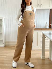 SHEIN Casual Loose Versatile Wide Leg Maternity Jumpsuits - Khaki - View 4