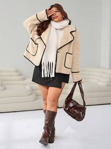 Solflare 2025 Autumn/Winter New Casual Outerwear, Suitable For Outings, Daily Wear, Parties, Dates, Holidays, And Home Wear, Versatile, Can Be Worn Layered Or Alone, Large Collar, Integrated Design, Black Contrast Trim, Warm Fleece Fabric, Comfortable And Soft, Long Sleeve, Loose Fit, Cropped, Apricot Color, Plus Size Jacket