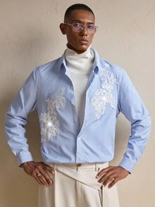 AKNOTIC Men's Light Blue Patched Long Sleeve Shirt, Fall, For Christmas