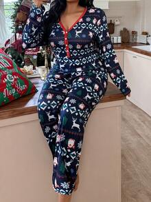 SweetSlumber Pijama Macacão de Malha com Estampa Listrada Plus Size, Para o Natal, Para Pijamas Plus Size de Outono e Inverno, Roupa Confortável