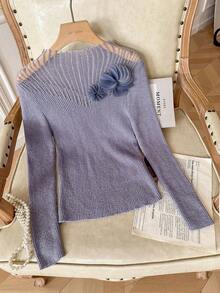 Modelyn Women's Autumn 3D Floral Decor Long Sleeve Fitted Elegant Sweater - Grey - View 5