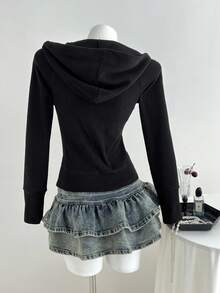 Elamini Áo nỉ cổ chữ V sâu, kiểu dáng giản dị và đa năng, phù hợp cho mùa xuân, thu và đông. - màu đen - Xem 2