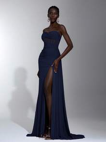 Elitara Váy maxi đuôi cá xếp nếp cạp cao, xẻ tà, màu hồng bụi thanh lịch, thích hợp cho các buổi hẹn hò mùa xuân/hè, kỳ nghỉ, tiệc độc thân, đám cưới, lễ tốt nghiệp, những dịp trang trọng - Màu xanh hải quân - Xem 6