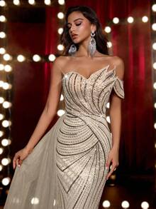 Glamrae Elegant Luxurious Beaded & Sequin Mesh Mermaid Tail Dress With Side Flounce, Suitable For Weddings, Parties, Vacations, Galas, Formal Events (Heavy Embellishment) - Apricot - View 1