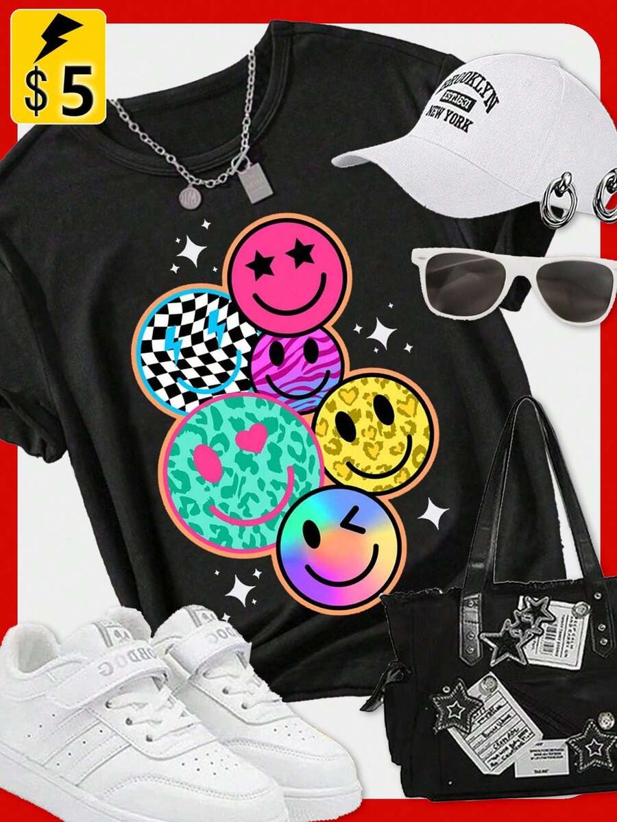 SHEIN Áo thun in hình mặt cười & Graffiti phong cách đường phố Tween Girl - màu đen - Xem 1