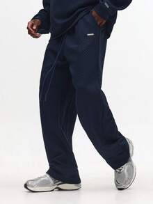 SUMWON 纹理冬季卫衣慢跑套装 绗缝图案 圆领长袖家居服 秋季休闲抽绳裤套装 街头风宽松舒适纯色 - 寶藍色 - 查看 5