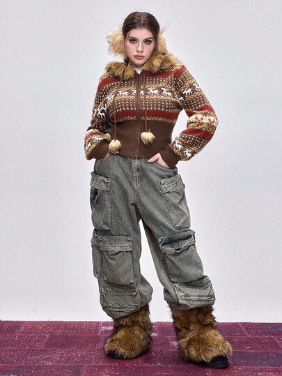 Hippie Chaqueta con capucha de punto ajustada con estampado de ciervos estilo Fair Isle vintage Y2K y flecos, talla grande para mujer