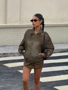 Muchica 复古水洗雪花纹理 PU 皮夹克，秋季 - 銅色 - 查看 4