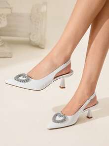 CUCCOO CHICEST 女士优雅尖头高跟鞋，心形水钻装饰，适合通勤、浪漫约会、职场、情人节和正式场合 - 白色 - 查看 4