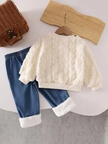 SHEIN Baby Mädchen Blumen Farbblock Flauschiger Sweatshirt und Weite Bein Jeans Lässig Outfit, Herbst/Winter