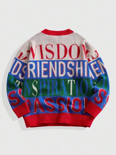 Street Life Men's Crew Neck Multicolor Jacquard Knit Sweater, Retro Streetwear, Fall/Winter