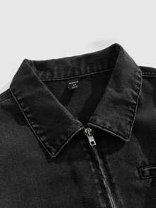 ROMWE MEN Men's Gothic Pattern Long Sleeve Zip-Up Casual Denim Jacket, Autumn - Black - View 7