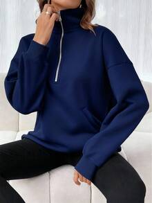 INAWLY Women's Navy Blue Solid Color Stand Collar Half Zip Sweatshirt - Navy Blue - View 4