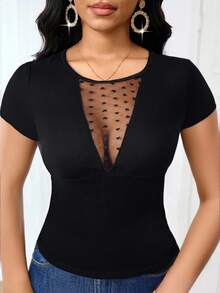 SHEIN Lady 撞色心形印花网眼T恤 女士秋季服装 秋季服装 - 黑色 - 查看 7