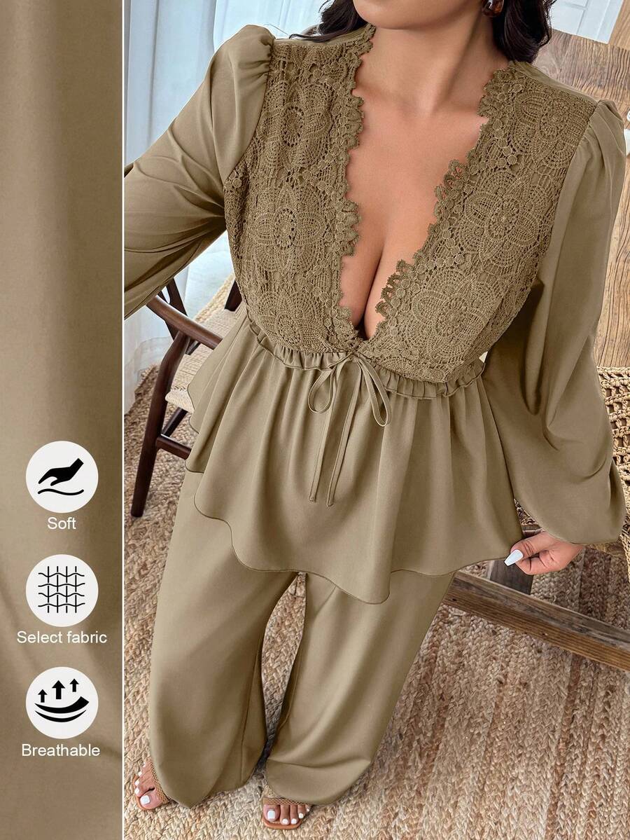 Weeklong Plus Size Women Deep V-Neck Lace Patchwork Lantern Sleeve Pleated Ruffle Tie Front Top And Wide Leg Pants 2 Pieces Set - Khaki - View 1