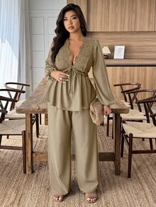 Weeklong Plus Size Women Deep V-Neck Lace Patchwork Lantern Sleeve Pleated Ruffle Tie Front Top And Wide Leg Pants 2 Pieces Set - Khaki - View 6