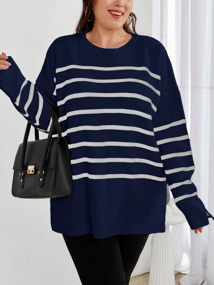 EURMUSE Suéter de hombros caídos con estampado de rayas - Azul Marino - Ver 1
